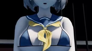 Cute coed in nylon pantyhose shakes her huge ass and big boobs covered in tiny bikini