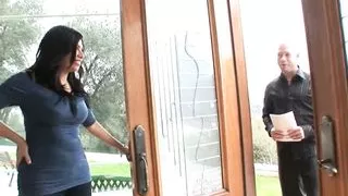 MILF has sex with delivery boy and gets a big load of cum on her boobs