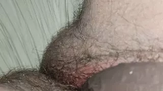 Fat 18 yo girl is playing with big black dildo in her wet, hairy Pussy