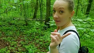 Shy schoolgirl helped me cum and showed her naughty talents! Risky blowjob and handjob in the forest with birds singing!