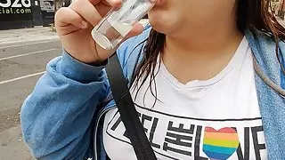 My whore likes to drink my cum in public after using her throat as a vagina
