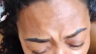 Hot Ebony Blasian deepthroats white cock till she spits out cum