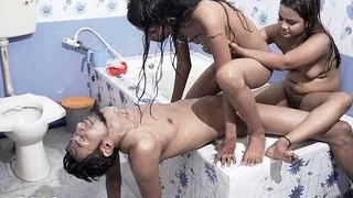 Two Desi Sexy Girls Fucked In The Bathtub With One Big Cock, Threesome