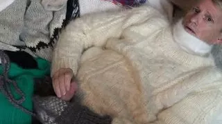 Mohair Turtleneck Sweater Fetish, cum shot, masturbation in sweaters with a vibrator, cum on a purple sock