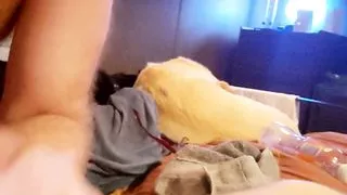 Sweaty Pup uses his fresh cum to jack off boy then sucks his own cum off boy’s thick cock