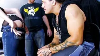 Busty brunette gives a deep blowjob and fucks with Rob