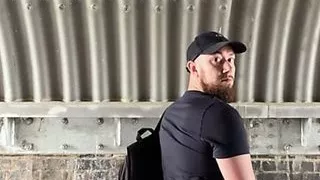 Bearded Guy exposed at the Underpass, nude outdoor jockstrap.