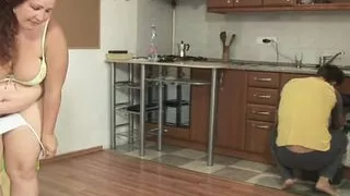 Very fat brunette BBW woman fucking in the kitchen