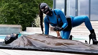 Cristal Kinky in latex catsuit – handjob and sex with bound sub in latex vacbed Preview