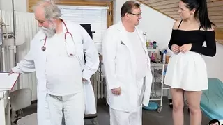 Horny Brunette Teen Sarah Simons Gets Examined And Is Made To Cum By 2 Old Doctors