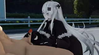 Lovely beautiful girl with cat ears sucked on the side of the road