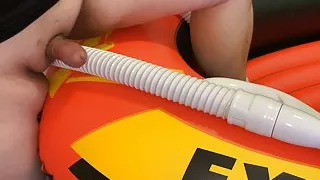 Fat Helmet Guy On Inflatable Boat Rubbing and Humping Vacuum Hose On Small Penis