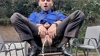 Suited Man With Locked Dick Is Playing With His Man Cunt And Pissing In Public In Sheer Socks