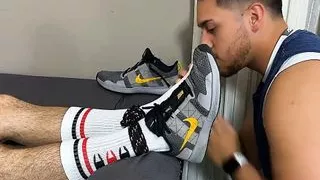 Restrained guy foot worshipped and toe sucked by gay friend