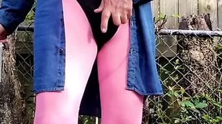 Crossdresser outdoors. Oiled masturbation and cum on pantyhose.