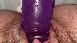 Slut with hairy pussy creams AND squirts on 8 inch dildo
