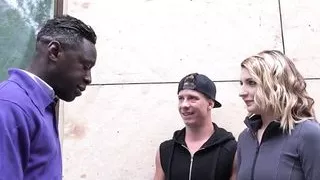 Couple with sexy blonde eager for black cock fucking in