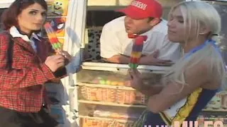 Two small tits teens engaging in a hot threesome