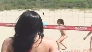 Babes from the beach in group sex playing with toys