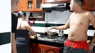 My stepsister's husband gives me his cock when we are in the kitchen