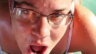 Wife's risky public blowjob and facial in a jacuzzi