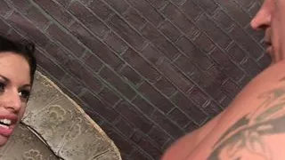 Dude with a shaved head shoves his long pole into sexy slut's mouth