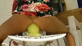 Sexy Tan Hotkinkyjo In Colorful Dress With Two Big Dildos Anal & Prolapse