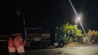 Bunny showing G-strings at petrol station rear Car park