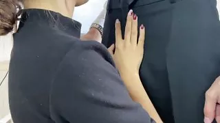 The secretary sucks the boss's dick and he cums on her dress