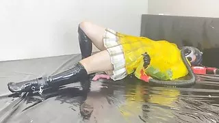 Fx-tube Raincoat JK self bondage and gas mask vibrator orgasm