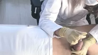 Teen "doctor" in a medical gown and gloves, sounding urethra without lube