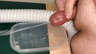 Fat Guy With A Small Penis Cumming And Pissing In A Plastic Pot