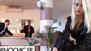 Busty blonde handles 3 men