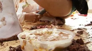 Brunette and redhead sluts with a food fetish fuck on the floor