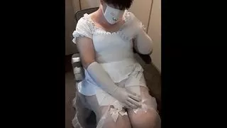 Chubby Femboy Masturbating in (very) short white Dress & Lingerie