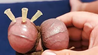 Testicle Skewering CBT, Edging & Cumshot with 3 Needles, Precum & Stretched Balls