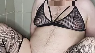 Fat sissy in chastity BBC dildo anal