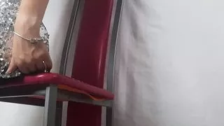 beauty in a dress and stockings rides a dildo and gets an orgasm