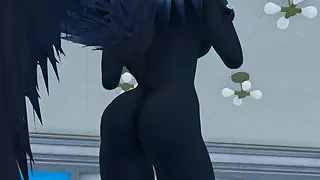 Sexy girl in latex. Big boobs, tight ass covered in a black tight suit.