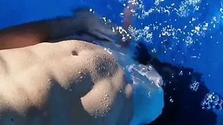 Risky showing my boner in swimming pool while neighbors outside