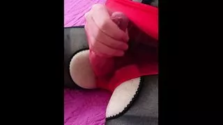 Crossdresser masturbates and cum in red super sheer nylon panties and black stockings