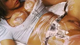 Eating strawberries and then sucking on the cherry pie in this messy and creamy lesbo scene