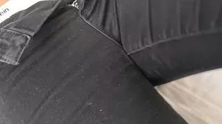 Removing tight black jeans and showing you my panties on meaty pussy