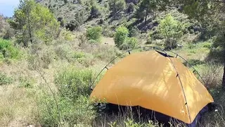 The tourist heard loud moaning and caught couple fucking in the tent.