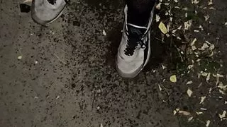 Night walking in pantyhose close road teen boy flash no pants