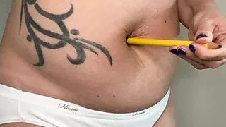 FTM hairy fucks big hairy belly button with a pencil.