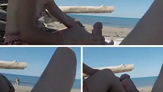 Risky Handjob on the Canary Beach Almost caught - MissCreamy