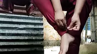 young girl is bathing in bathroom.