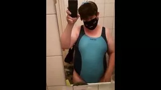 Chubby Femboy in Swimsuit Masturbating at the Shower