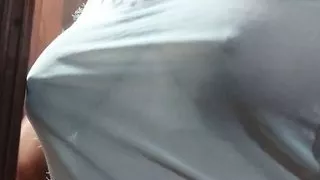 Pissing on hotel toilet in white lingerie